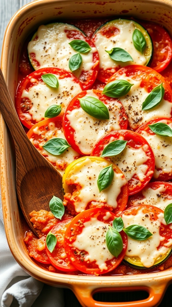 A baked dish of tomatoes and zucchini topped with cheese and basil, served in a rustic dish.